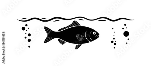 Silhouette of a fish swimming underwater with bubbles and waves