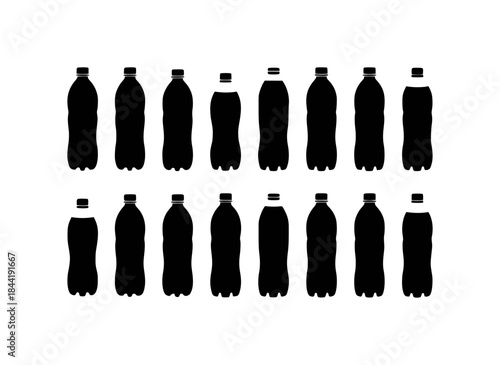 Silhouette of Multiple Plastic Drink Bottles Arranged in Rows on White Background