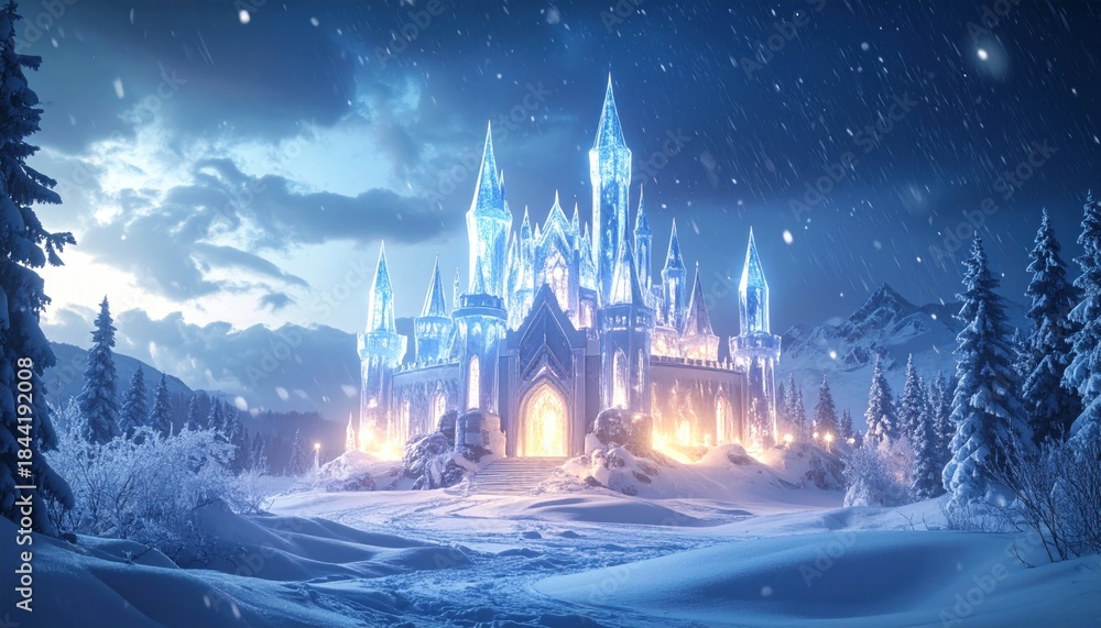 Naklejka premium A breathtaking, illuminated ice castle amidst a snowy landscape under a starry sky