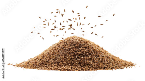 Fototapeta Naklejka Na Ścianę i Meble -  Set ground cumin pile aromatic brown spice seasoning powder macro culinary ingredient isolated on white background
