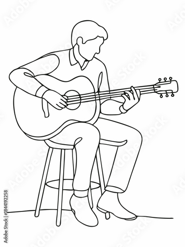 Minimalist line illustration of a musician playing an acoustic guitar.