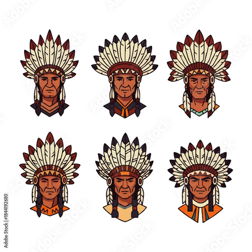 Collection of Traditional Native American Chief Illustrations with Feather Headdresses