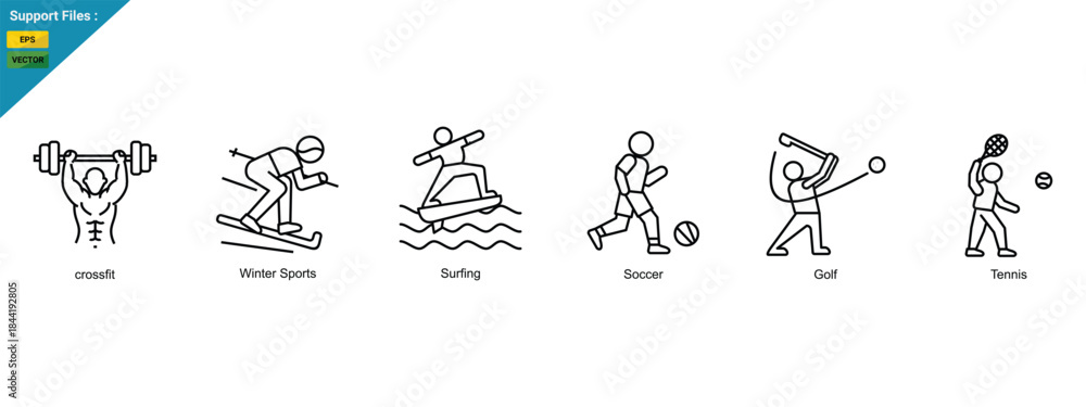 Naklejka premium Sport Activities Line Icons Set. crossfit, Winter Sports, Surfing, Soccer, Golf and Tennis 