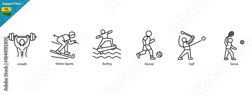 Sport Activities Line Icons Set. crossfit, Winter Sports, Surfing, Soccer,  Golf and Tennis     