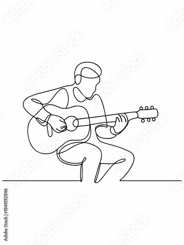 Minimalist line illustration of a musician playing an acoustic guitar.