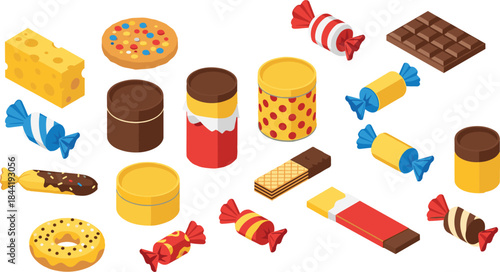 Colorful sweet snack illustration featuring candies, chocolates, cookies, wafers, donuts, jars, and confectionery assortment in playful flat style