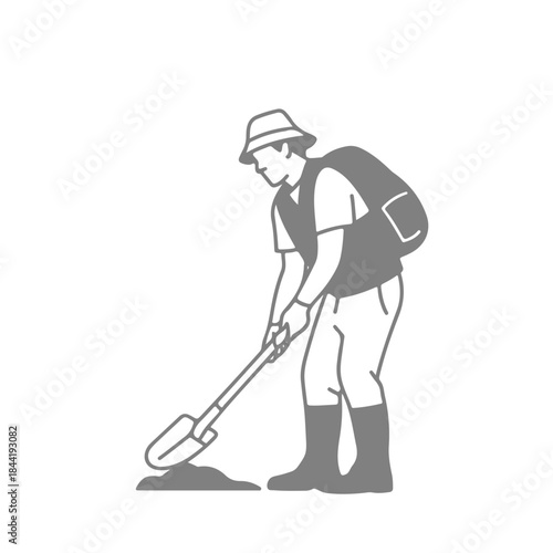 Man Digging with a Shovel in Line Art Style