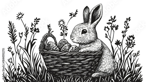 Linocut tiny white rabbit basket illustration Easter theme hand carved print folk art holiday decoration isolated on white background