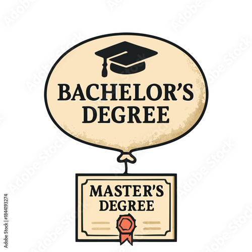 Icon "Credential Inflation" - A bachelor's degree diploma inflated like a balloon, requiring a master's degree for the same job.
