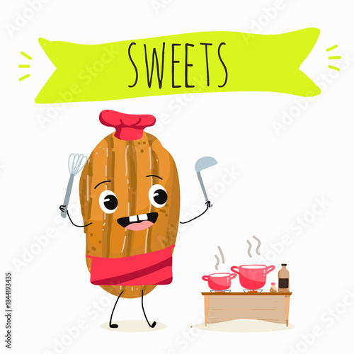Funny Characters lokma, tulumba. Turkish,  Eastern sweets. Hand drawn vector illustration.