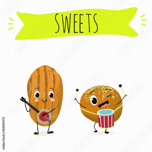 Funny Characters lokma, tulumba. Turkish,  Eastern sweets. Hand drawn vector illustration.