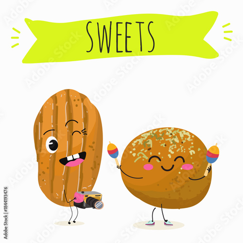 Funny Characters lokma, tulumba. Turkish,  Eastern sweets. Hand drawn vector illustration.