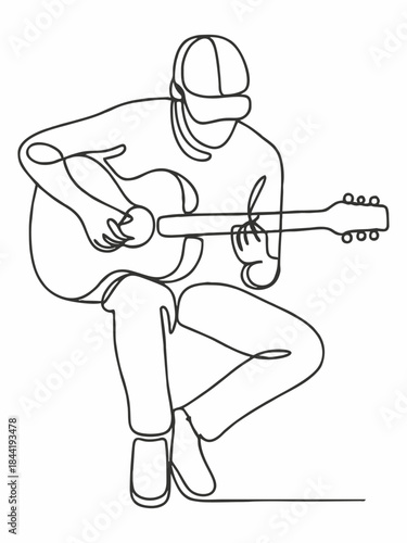 Minimalist line illustration of a musician playing an acoustic guitar.