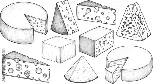 Hand drawn cheese varieties illustration showing different cheese shapes, textures, and cuts including Swiss, cheddar, brie, and artisanal dairy products