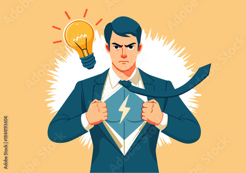 Illustration Businessman Revealing Superhero Power and Idea