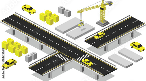 Isometric bridge construction illustration showing urban road infrastructure, highway interchange, traffic flow, cranes, vehicles, and modern city development