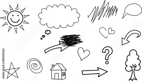 Collection of hand drawn cartoon symbols and icons