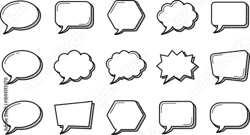 Hand drawn speech bubble set featuring blank comic dialogue balloons, chat frames, doodle outlines for messaging, comments, and communication design