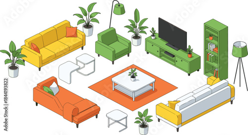 Isometric living room illustration showing modern furniture, colorful sofas, indoor plants, cozy decor, and stylish apartment interior layout