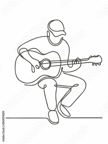 Minimalist line illustration of a musician playing an acoustic guitar.