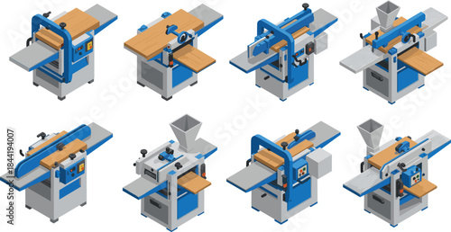 Isometric woodworking machines set featuring jointer, planer, thicknesser, and milling equipment for professional carpentry and industrial wood processing