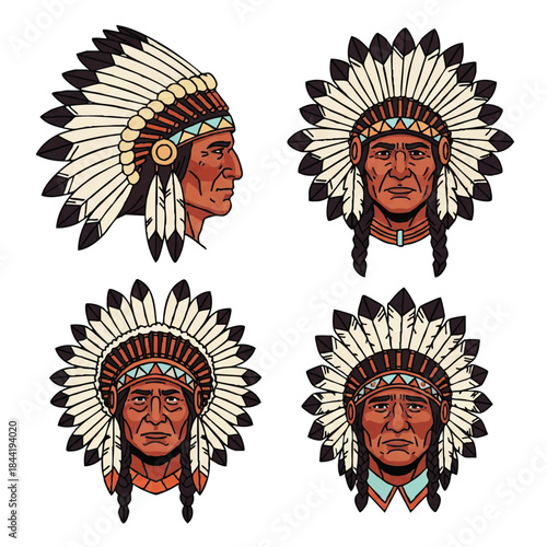 Traditional Native American Chief Illustrations with Feathered Headdresses