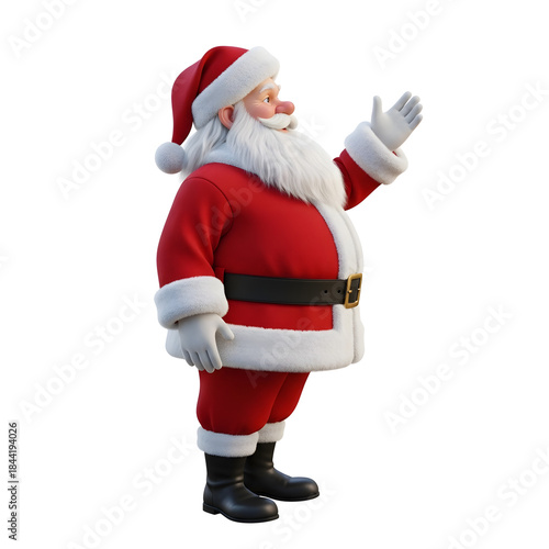 Jolly Santa Claus Wearing His Iconic Red Suit and Hat Waving Hello in a Festive Christmas Scene