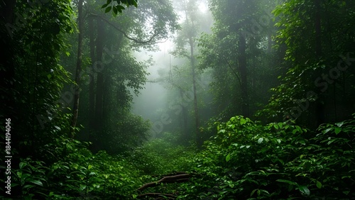 A serene and mystical forest scene with sunlight filtering through the dense foliage of trees and undergrowth in a tropical rainforest environment