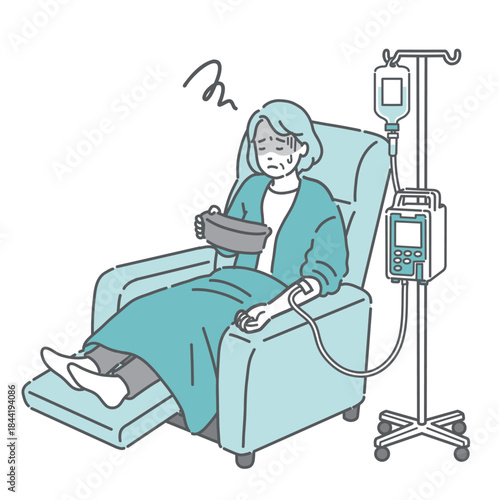 点滴中にガーグルベースを持って吐き気を感じる高齢女性（透析・化学療法・副作用）