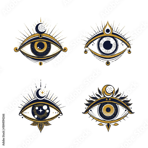 Mystical eye symbols with cosmic and celestial elements