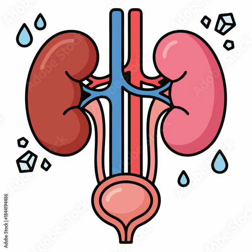 Medical Vector Illustration of Human Kidney and Bladder Anatomy Showing Urinary System and Kidney Stones.