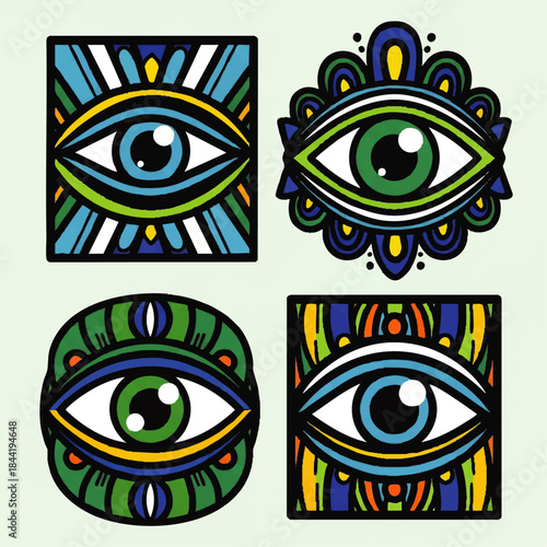 Colorful geometric eye symbols in decorative abstract style