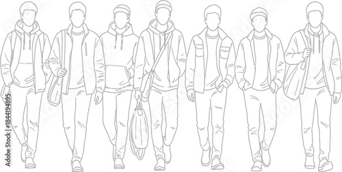 Group of Young Men Walking in Urban Setting, Lifestyle Illustration, Fashion Trends, City Environment, Casual View