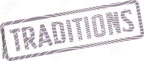 Highlighting cultural customs, this distressed purple grey rubber stamp features the prominent word Traditions for legacy