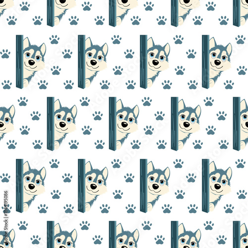 Cute husky dog seamless pattern with paws.