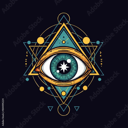 Mystical geometric eye illustration with triangle and circles on dark background