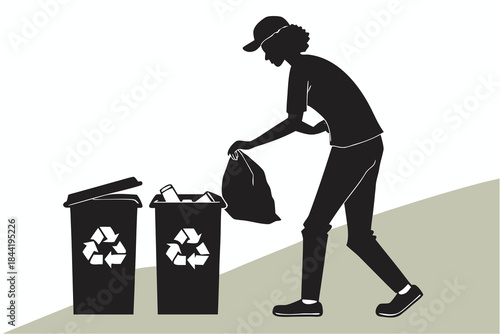 Businessman and woman traveler standing with a suitcase and recycling bin