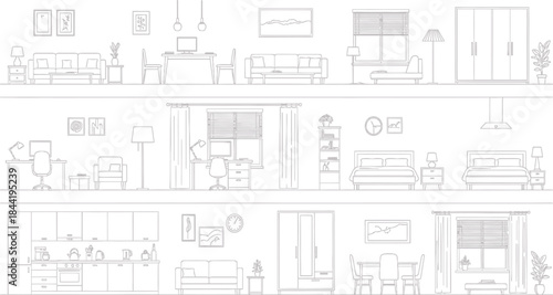 Outline illustration of home interiors, depicting various rooms with essential furniture in a minimalist design for modern living spaces concept