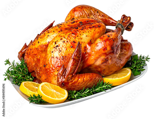 Perfectly roasted golden-brown bird with herbs, lemon slices, served on platter