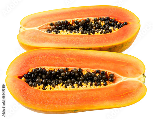 Ripe papaya halves with black seeds, vibrant orange flesh, and yellow skin