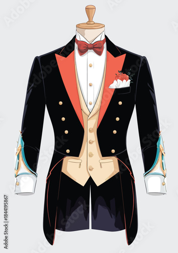 054-37-Tailcoat suit with red bow tie and vest displayed on a vintage mannequin