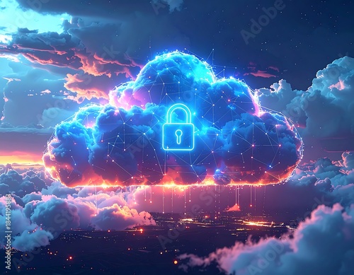 Glowing digital cloud with padlock symbol against sunset sky
