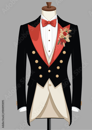 054-38-Classic formal tailcoat suit with red bow tie and boutonniere on mannequin