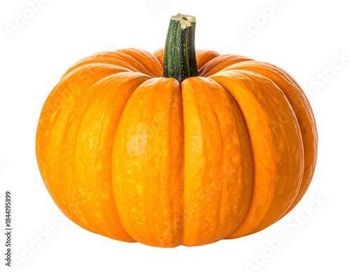 Round, vibrant orange gourd with green stem, isolated