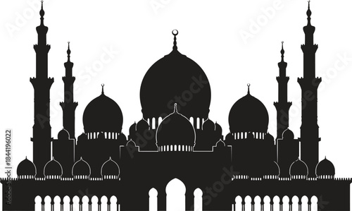 Mosque silhouette with domes and minarets architecture