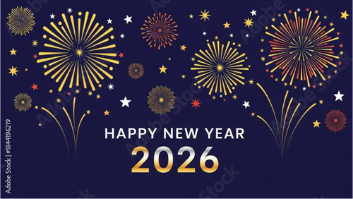 Countdown to midnight for a Happy New Year 2026 celebration illustration.