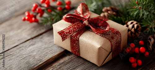 Cozy Christmas Gift Box with Red Ribbon on Wooden Table, Festive Golden Lights Background