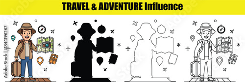 Happy traveler with suitcase and map in multiple styles vector illustration