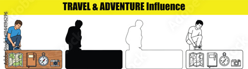 Man tying shoelaces with travel items and silhouette outline shoes