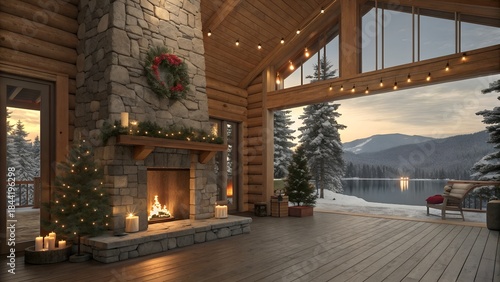 Cozy log cabin living room with fireplace and mountain lake view